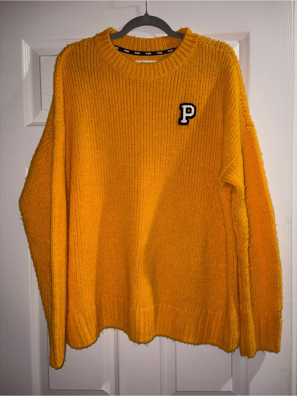 PINK by Victoria's Secret Yellow Crewneck Sweater with 'P' Patch on left sleeve